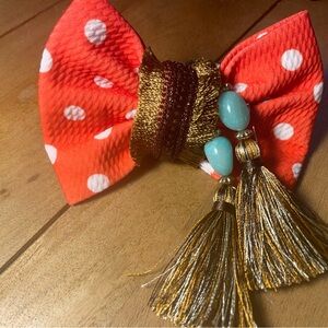 Hand Crafted Orange Polka Dot Bow with Gold Tassels